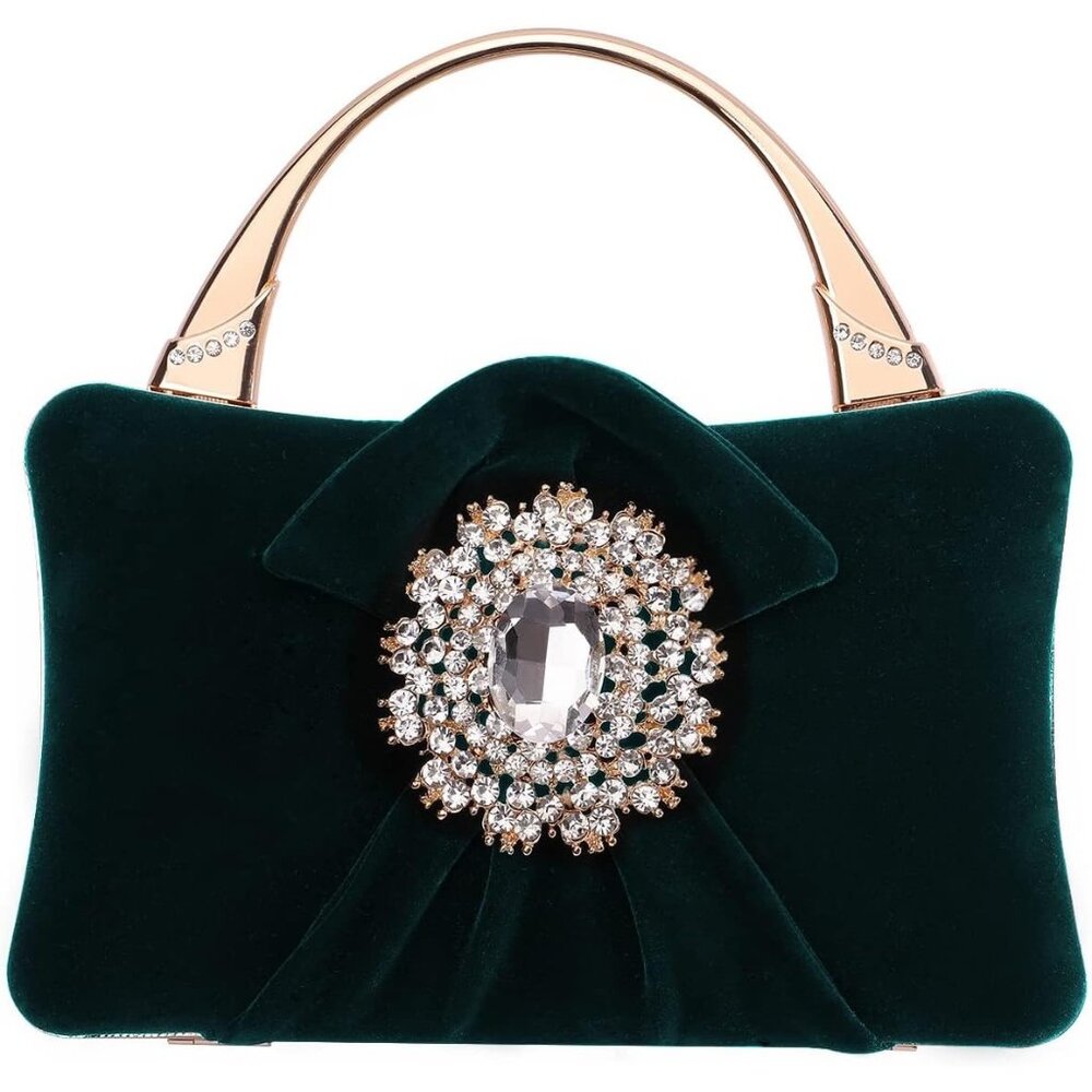 ⚡Women's Velvet Green Crystal Flower Closure Rhinestone Embellished Clutch Bag